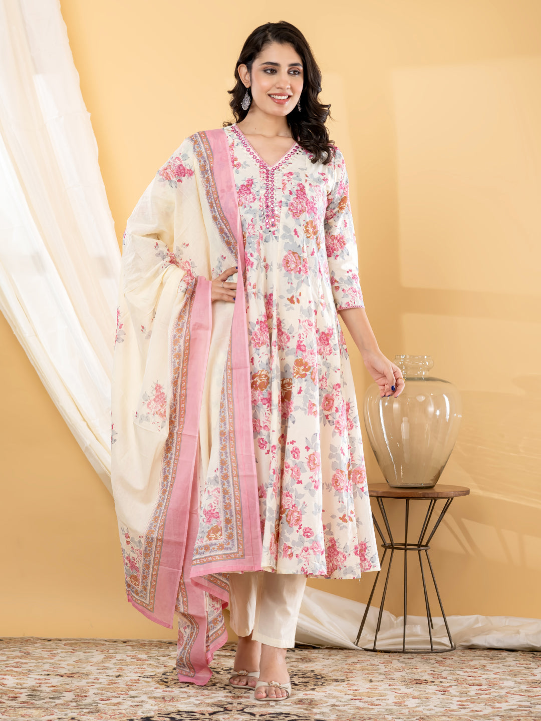 ZELINA FLORAL PRINTED 3PC SET - IVORY PINK
