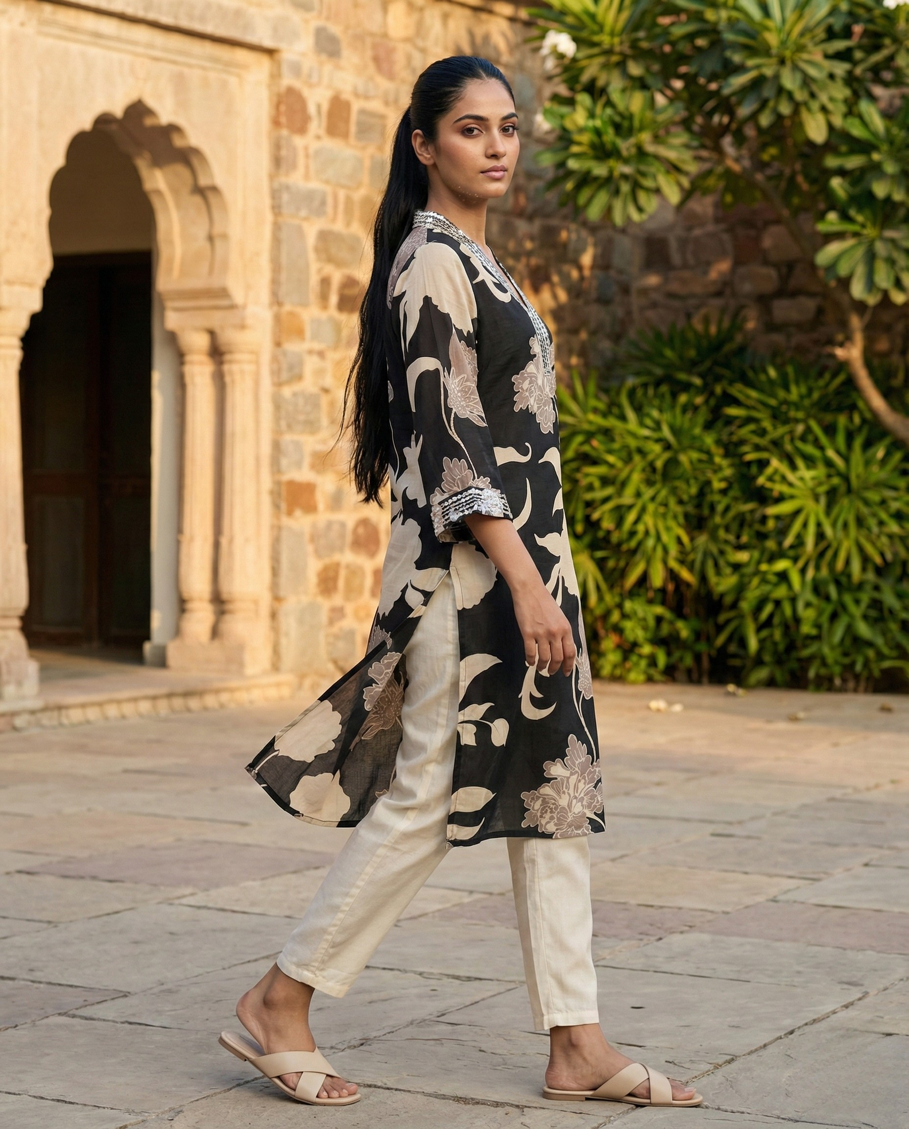Abstract Black White Floral Muslin KP set