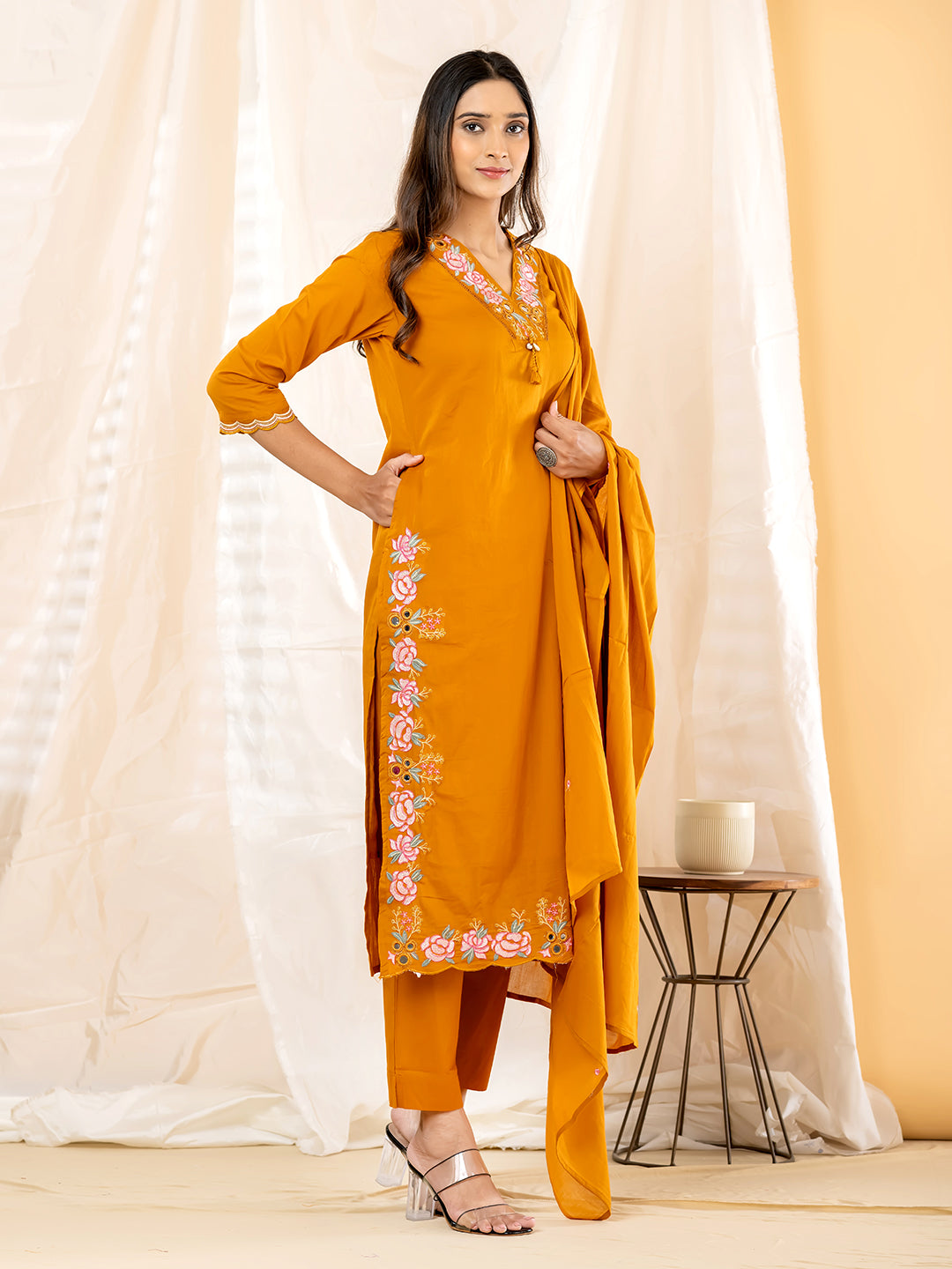 Gulrose Embroidered 3Pc Set – Mustard Gold