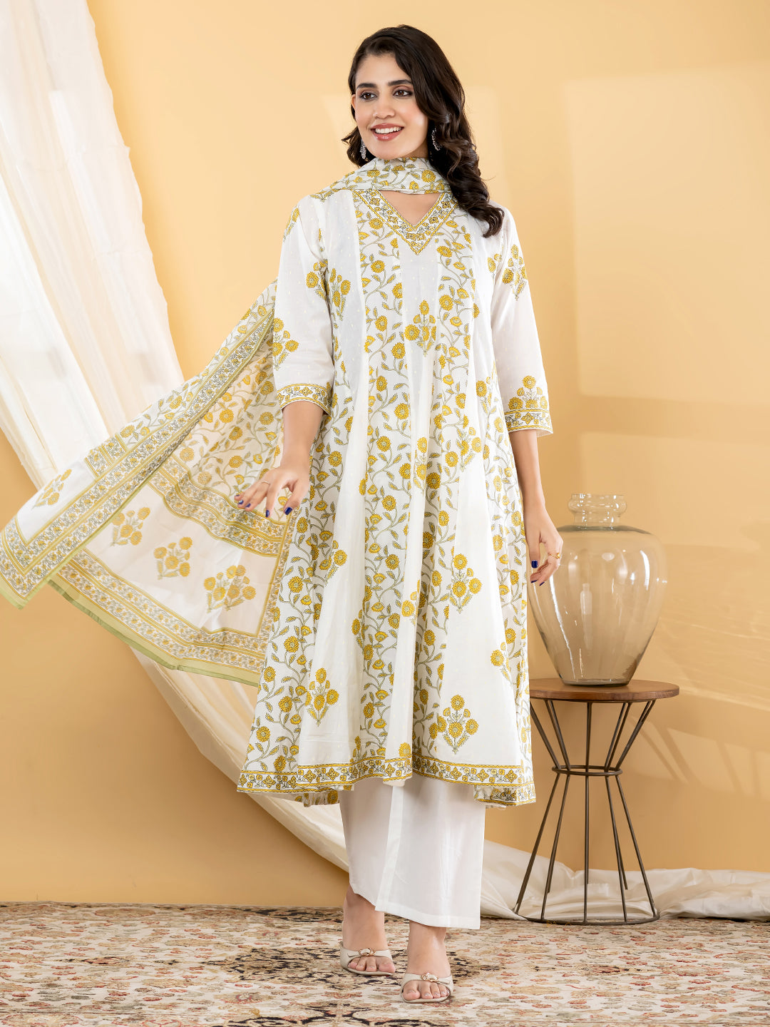 VEDIKA FLORAL PRINTED 3PC SET - WHITE MUSTARD