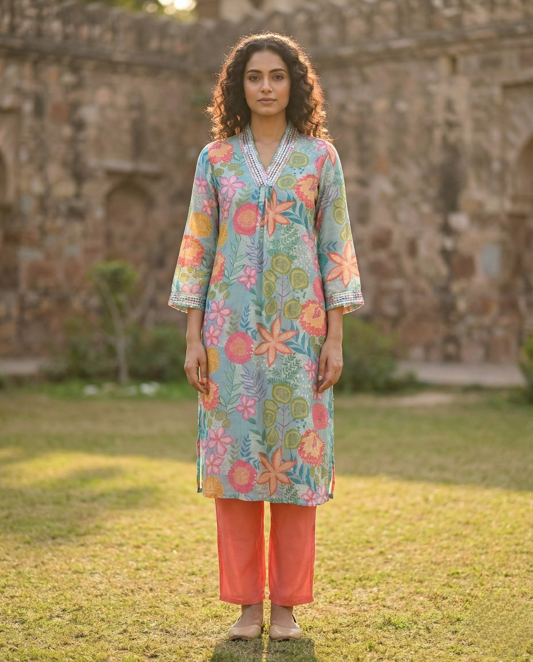 Abstract Blue Orange Floral Muslin KP set