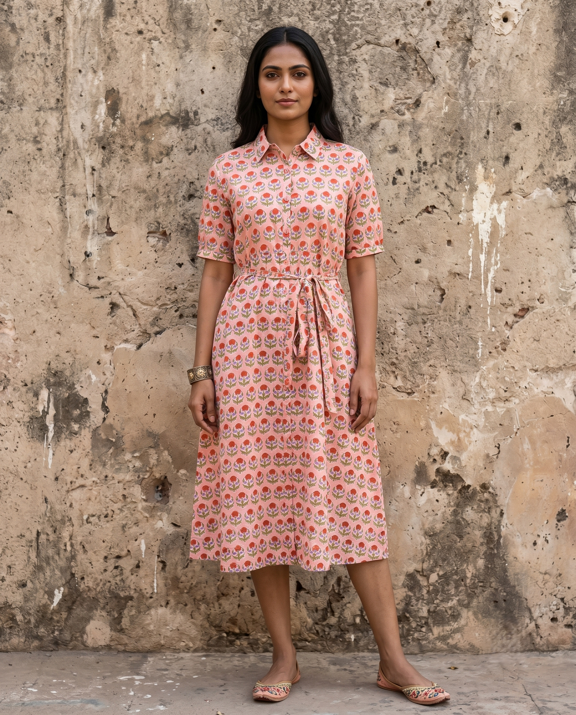 PEACH COLLAR BELT DRESS (HANDBLOCK)