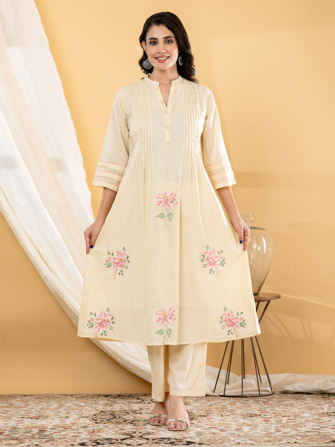 Aabha Floral Embroidered 3Pc Set – Ivory Cream