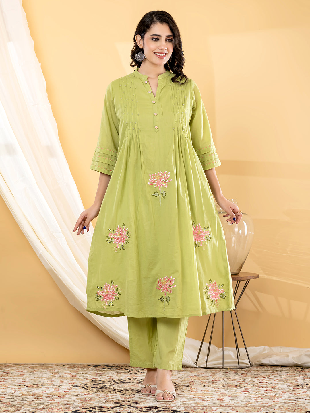 Aabha Floral Embroidered 3Pc  Set – Pistachio Green