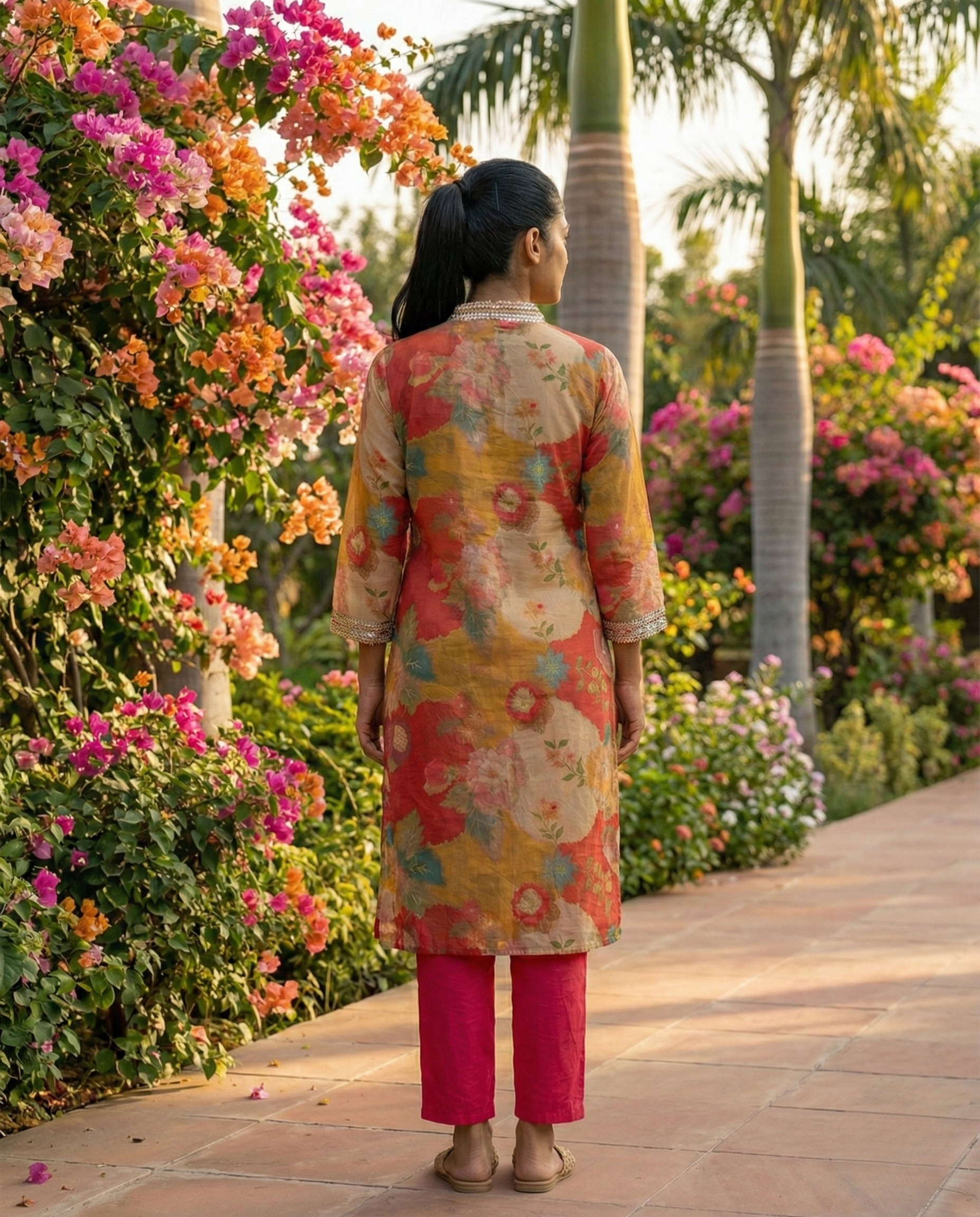 Abstract Mustard coral Floral Muslin KP set