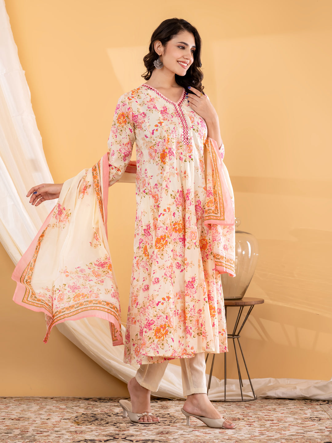 ESHANI BLOOM PRINTED 3PC SET - PEACH IVORY
