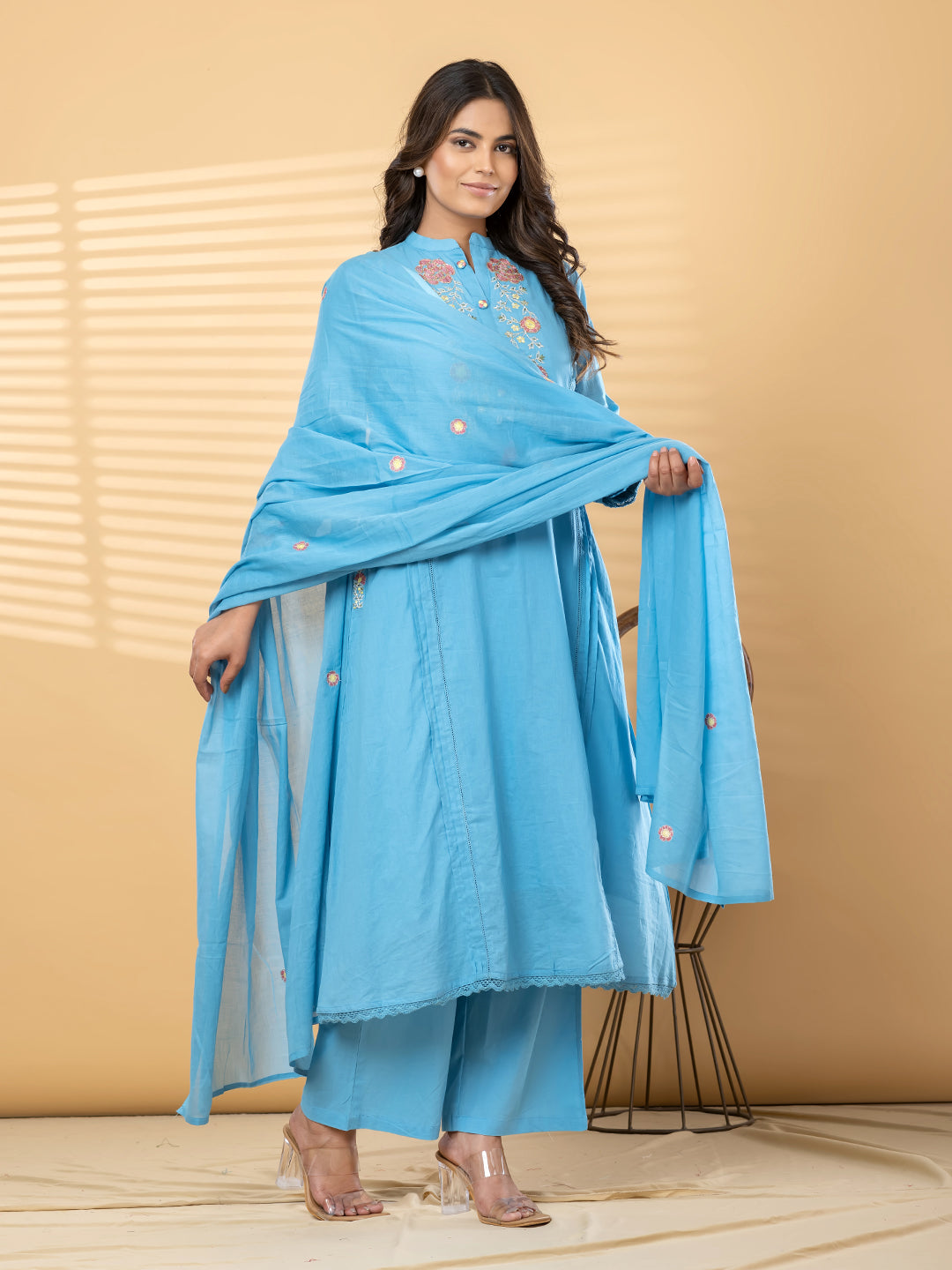 ZARIA FLORAL EMBROIDERED 3PC SET - SKY BLUE