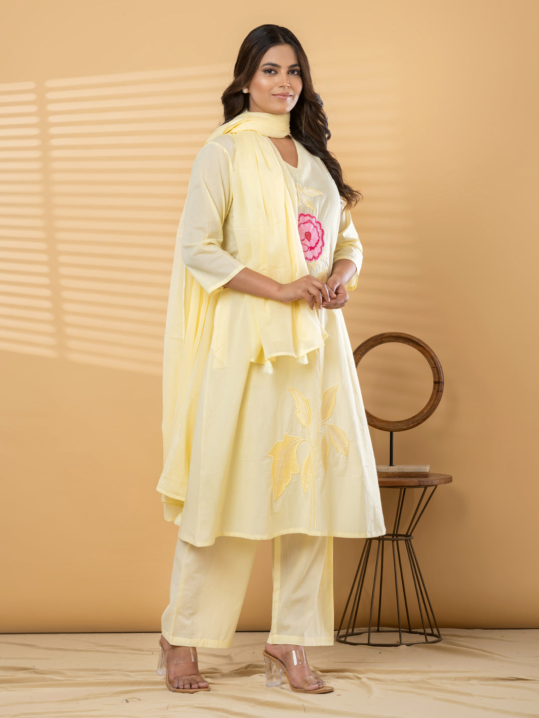 LUMIRA FLORAL EMBROIDERED 3PC SET - BUTTER YELLOW
