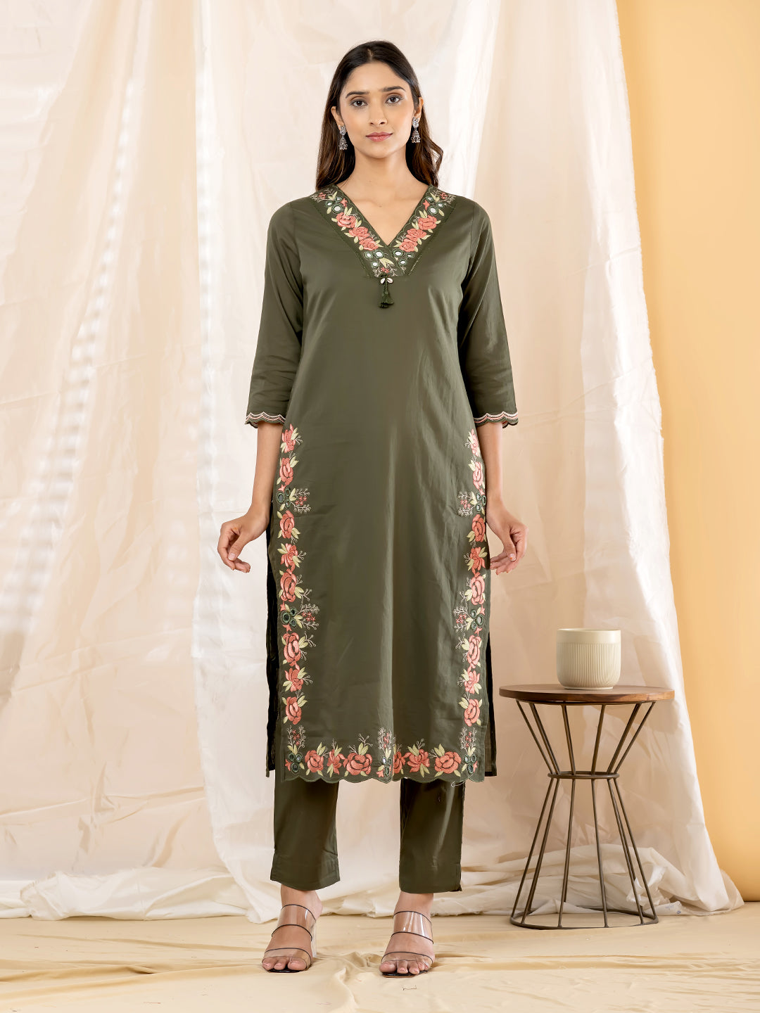 Gulrose Embroidered 3Pc Set – Olive Green