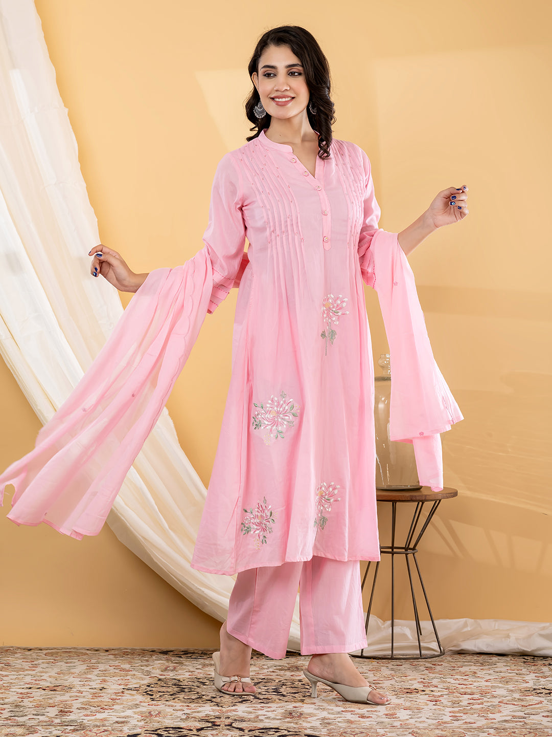 Aabha Floral Embroidered 3Pc Set – Blush Pink