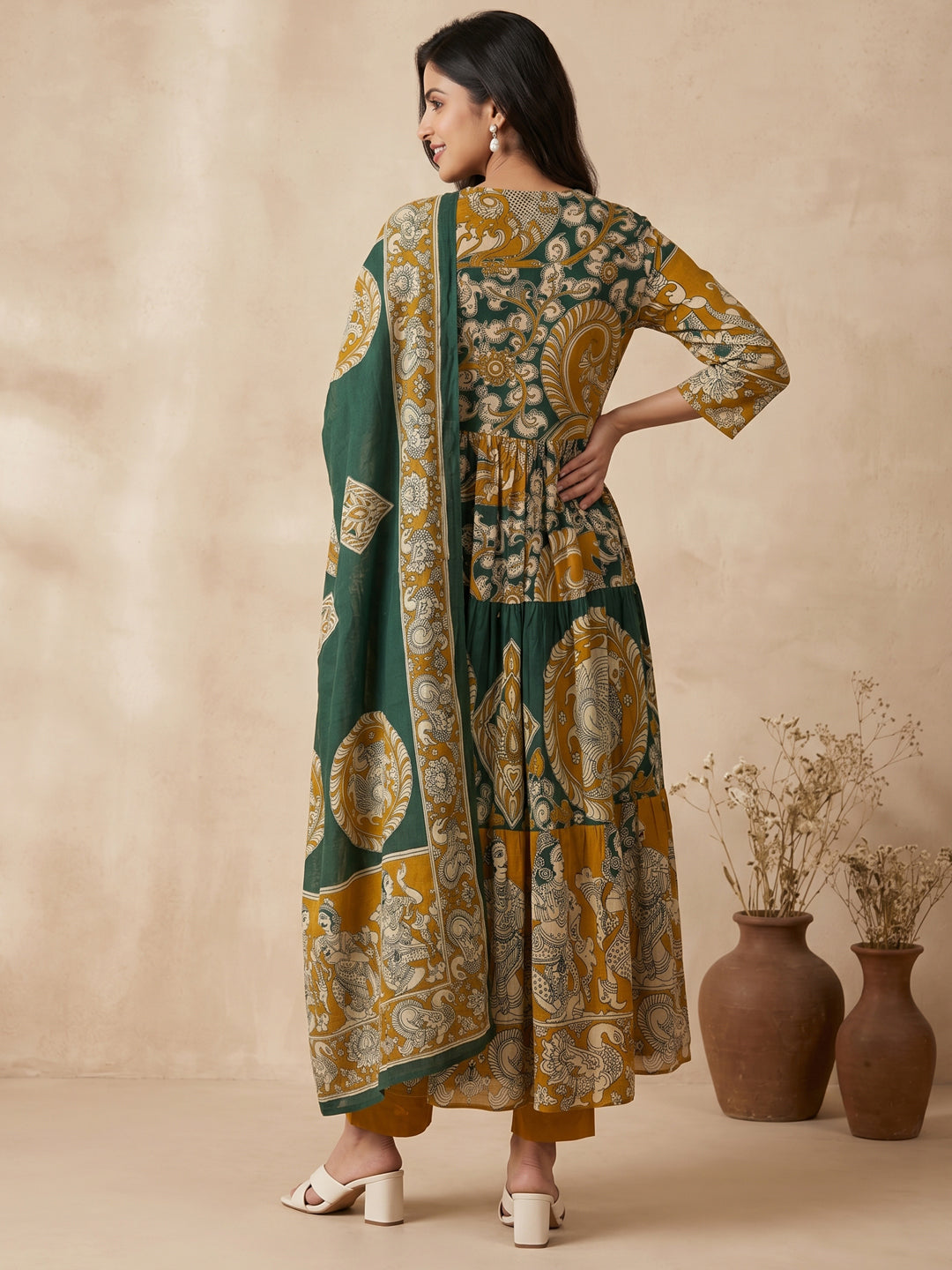 Vrinda Kalamkari 3Pc Set – Forest Green