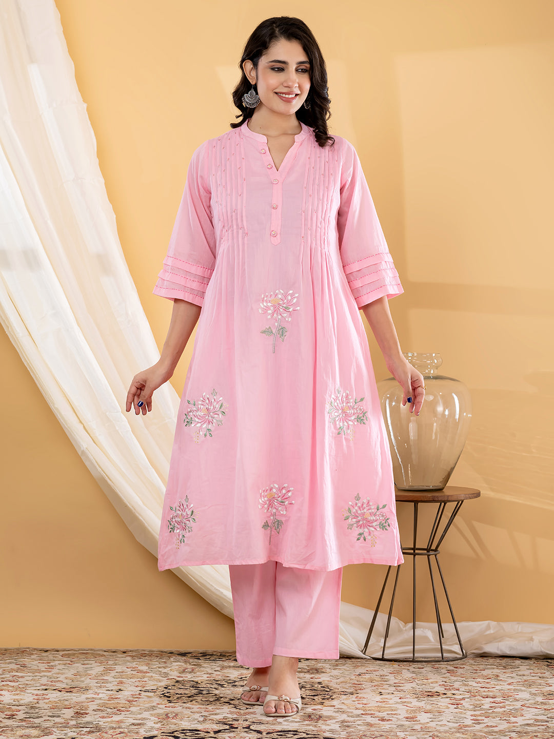Aabha Floral Embroidered 3Pc Set – Blush Pink