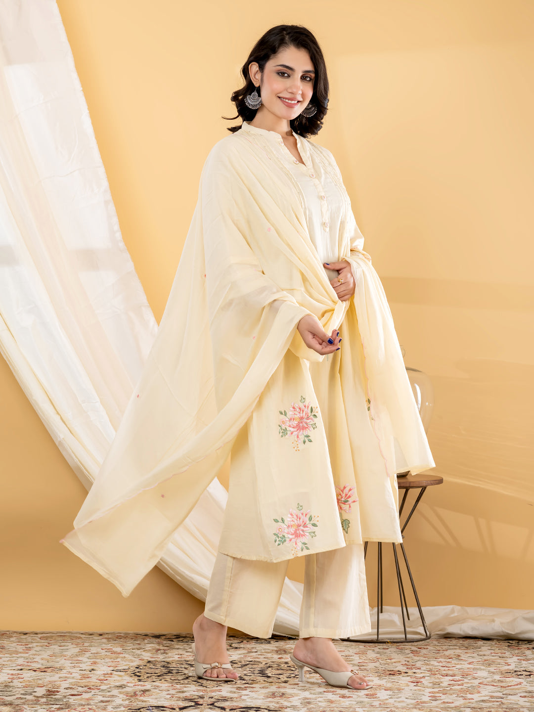 Aabha Floral Embroidered 3Pc Set – Ivory Cream