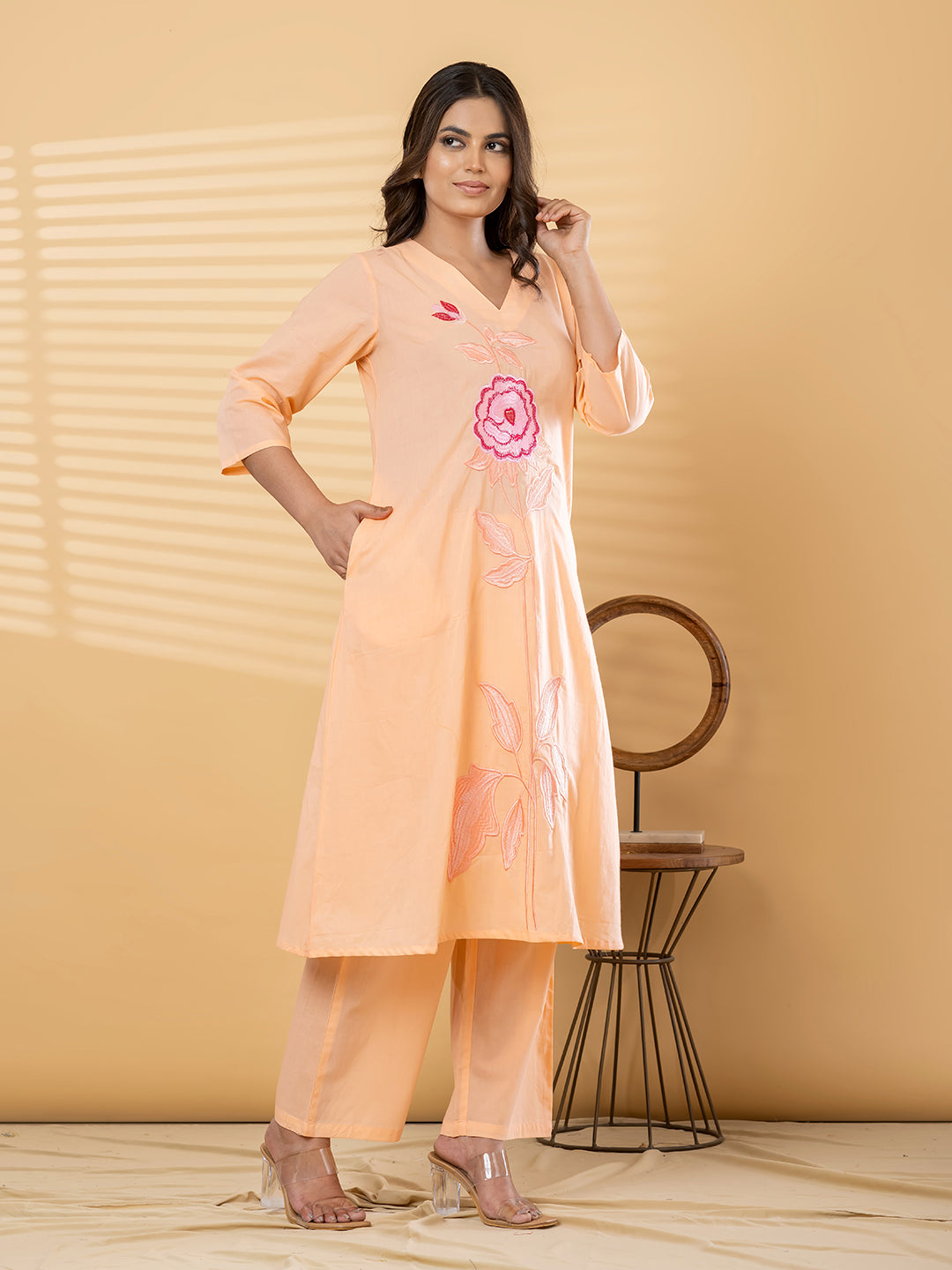 ELARA FLORAL EMBROIDERED 3PC SET - PEACH