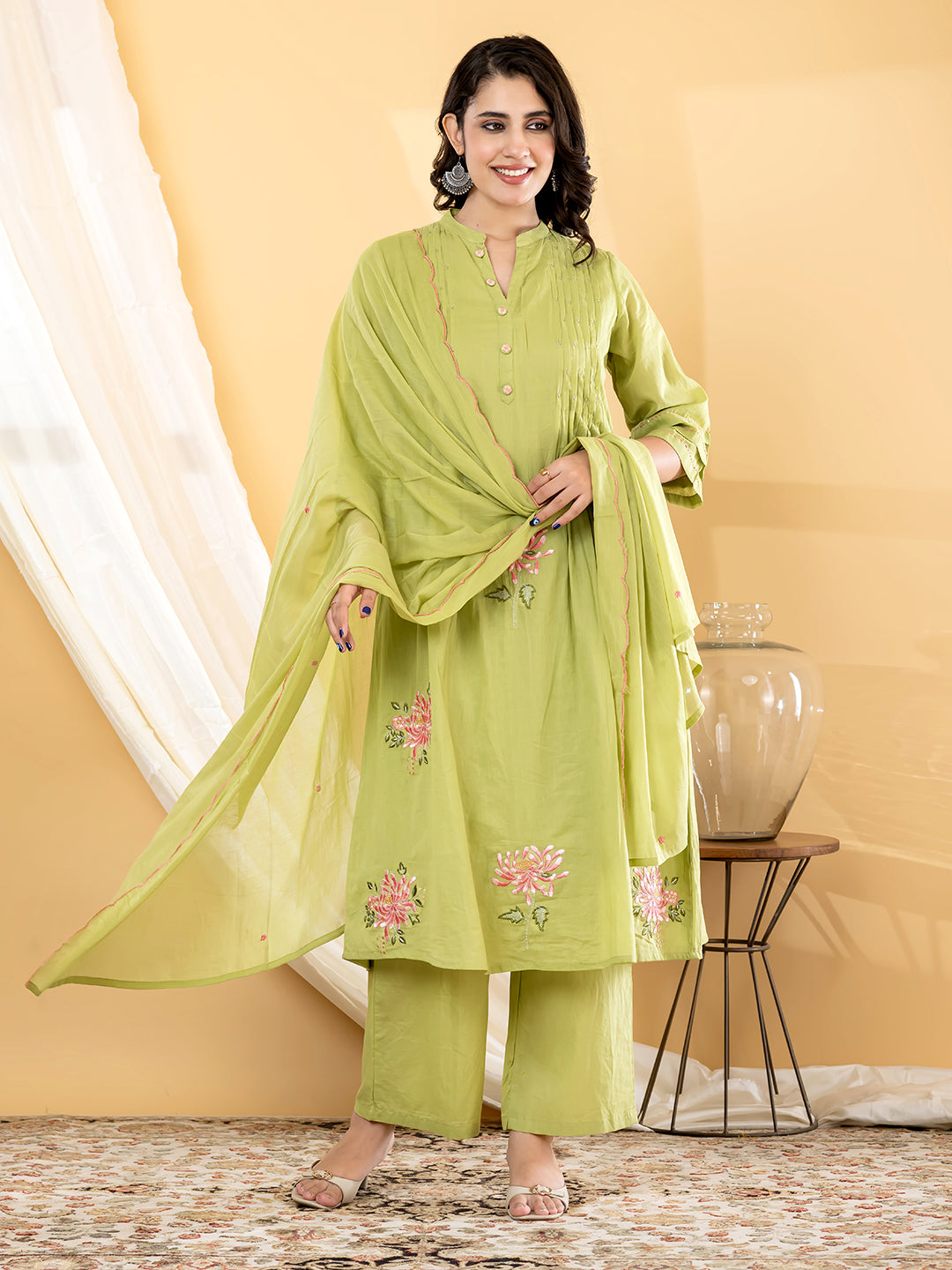 Aabha Floral Embroidered 3Pc  Set – Pistachio Green