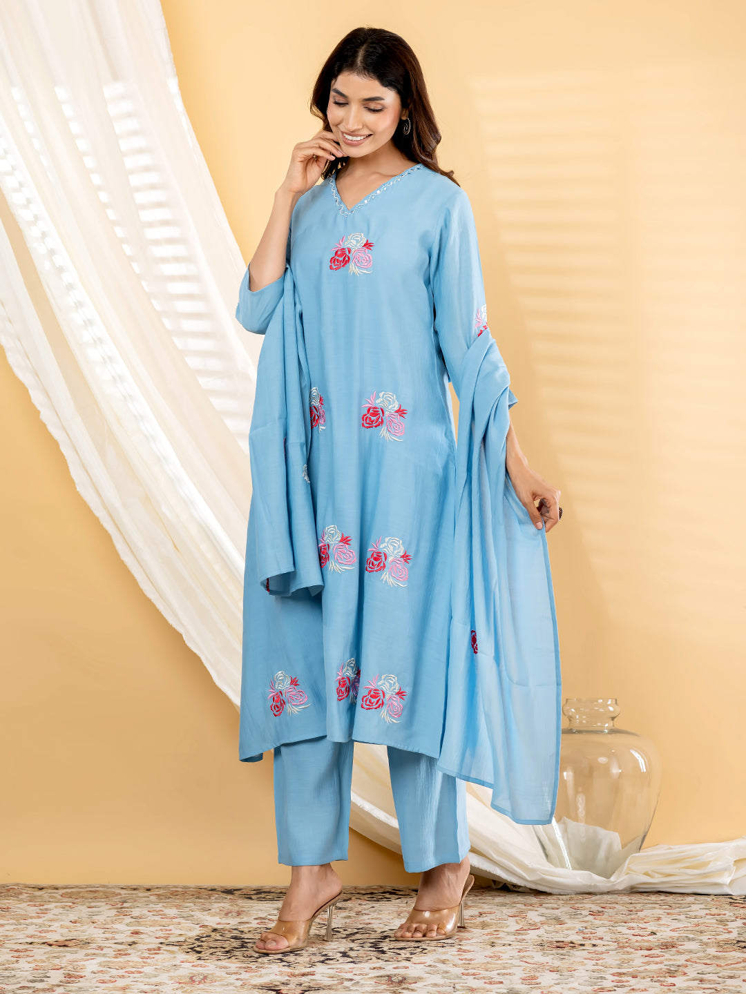 Rosalie Bloom Embroidered 3Pc Set – Powder Blue