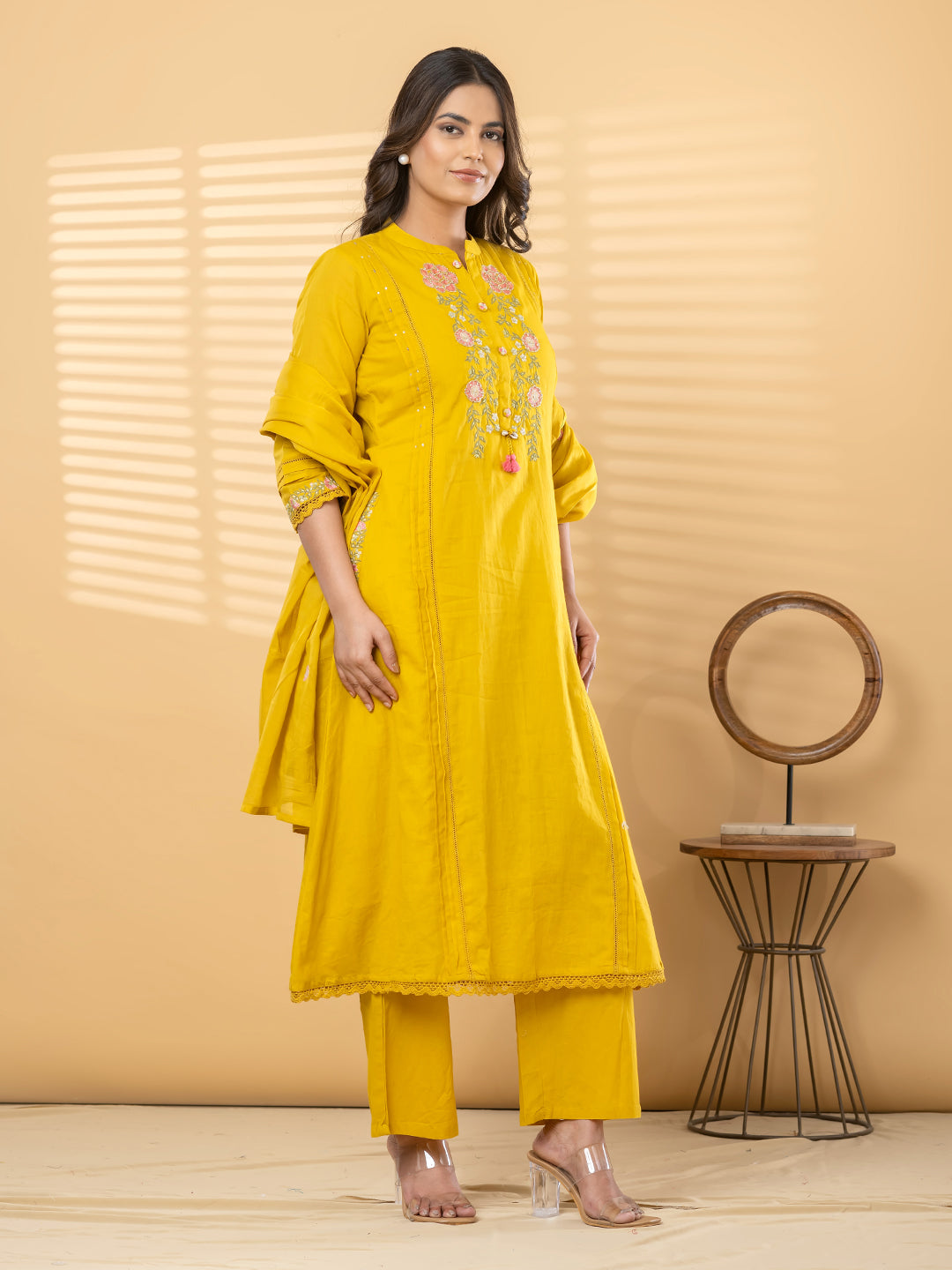 ZIVA FLORAL EMBROIDERED 3PC SET - MUSTARD YELLOW
