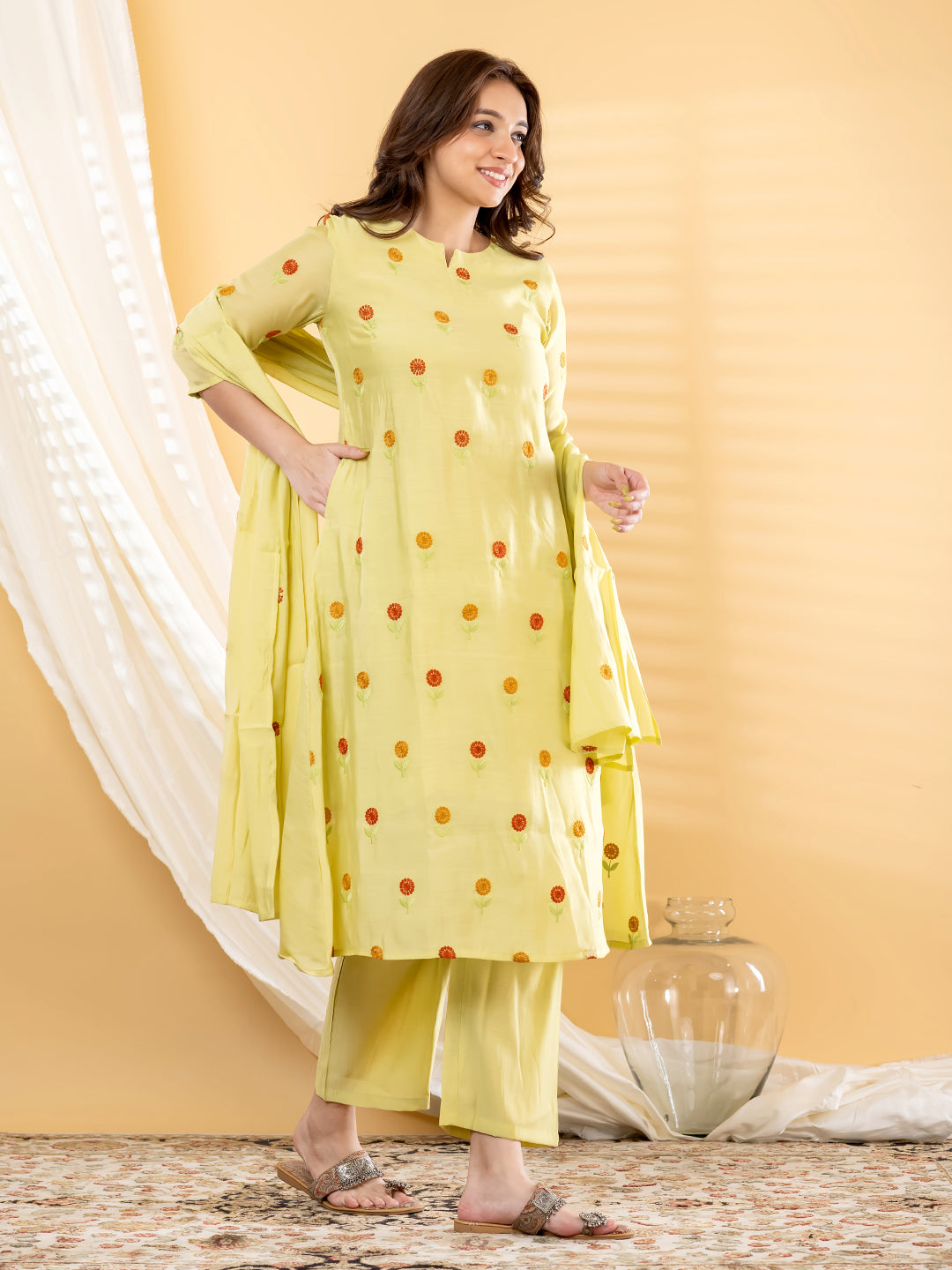 KAVIRA FLORAL PRINTED 3PC SET - LIME YELLOW