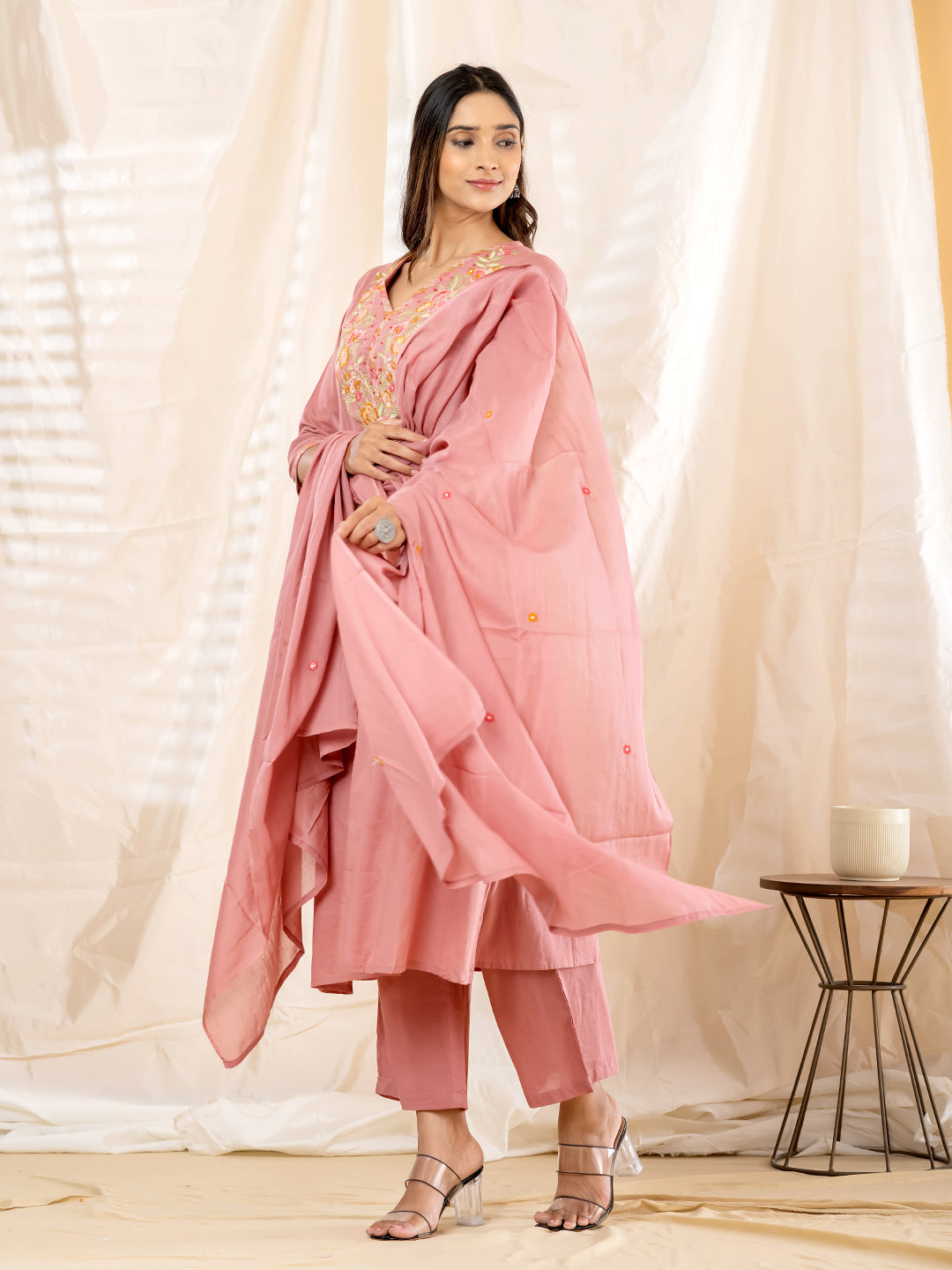 RAVIKA FLORAL EMBROIDERED 3PC SET - ROSE PINK