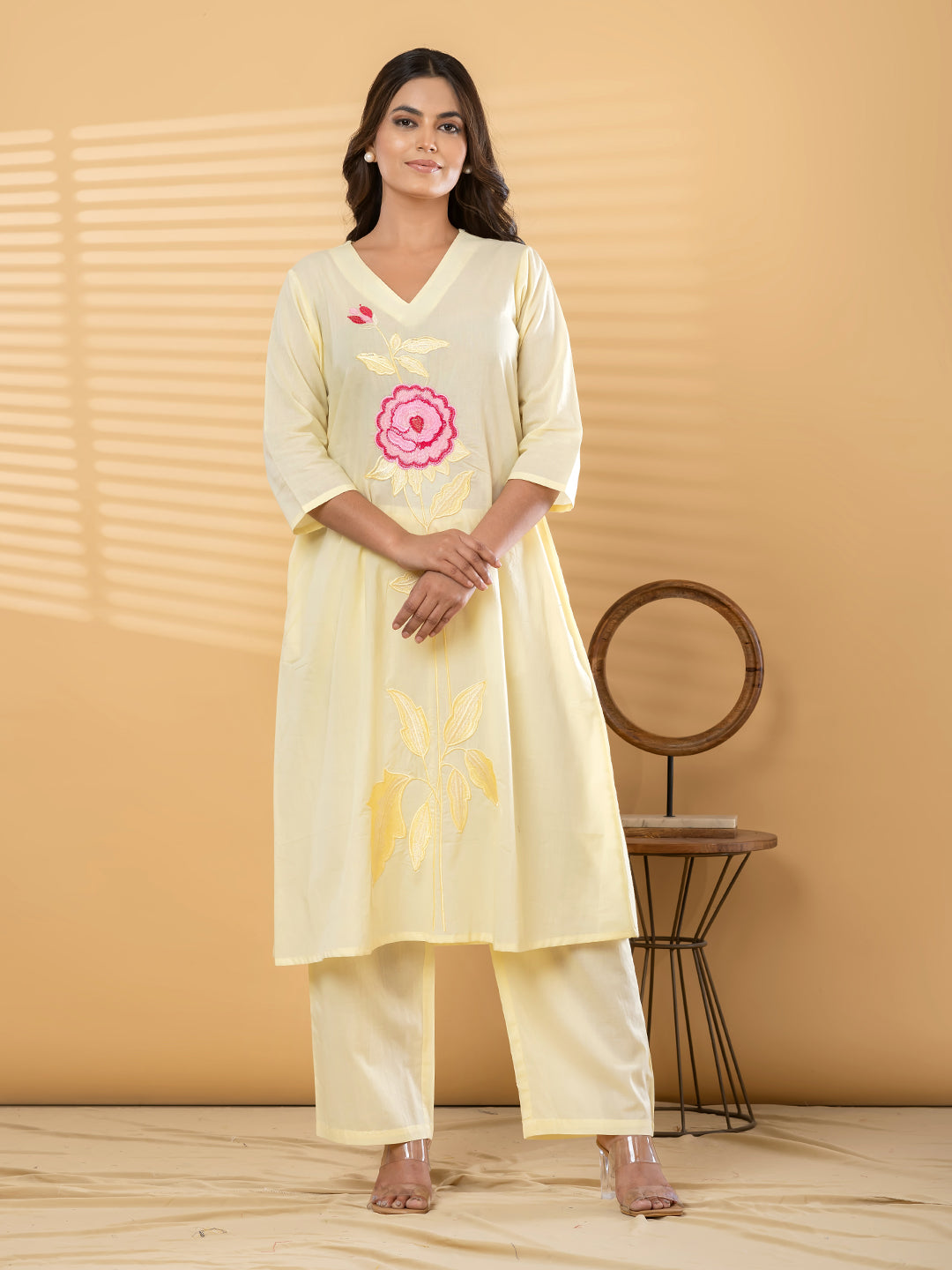 LUMIRA FLORAL EMBROIDERED 3PC SET - BUTTER YELLOW