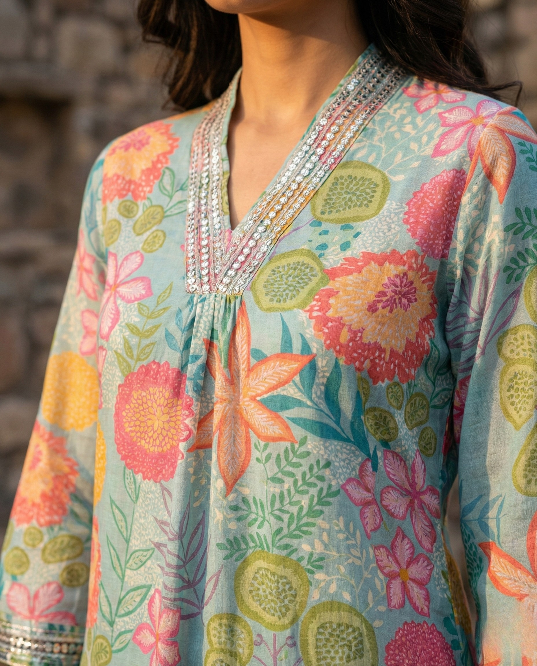 Abstract Blue Orange Floral Muslin KP set