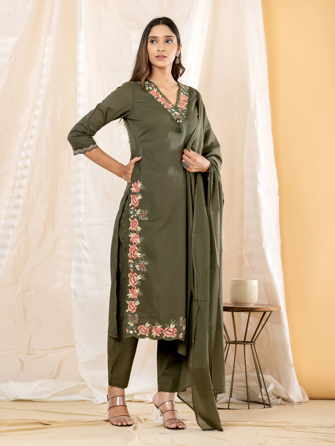 Gulrose Embroidered 3Pc Set – Olive Green