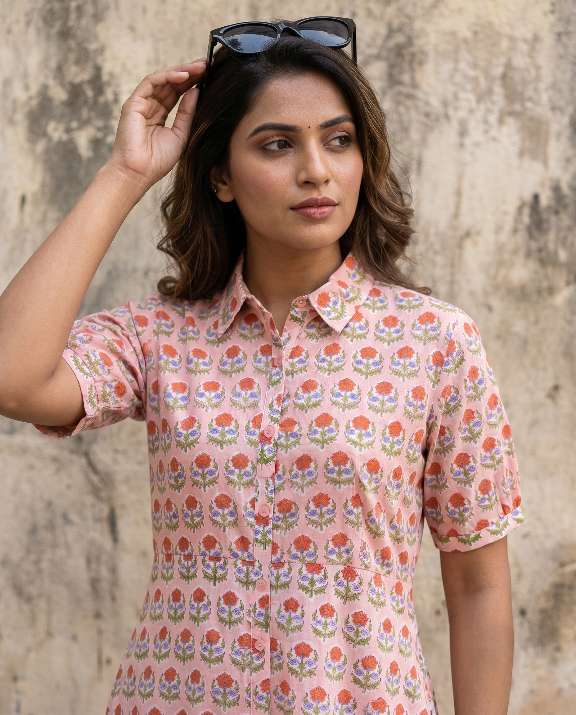 PEACH COLLAR BELT DRESS (HANDBLOCK)