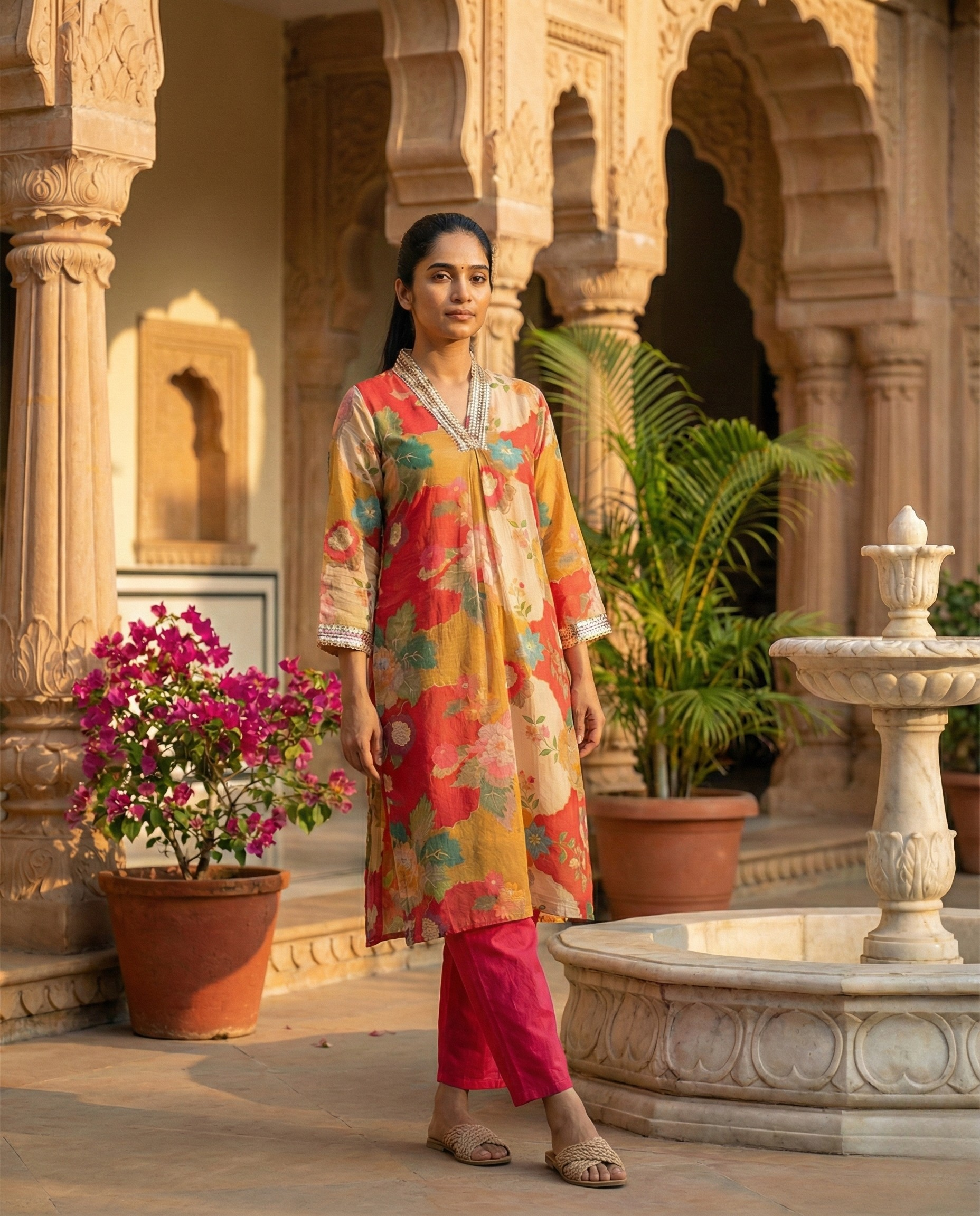 Abstract Mustard coral Floral Muslin KP set