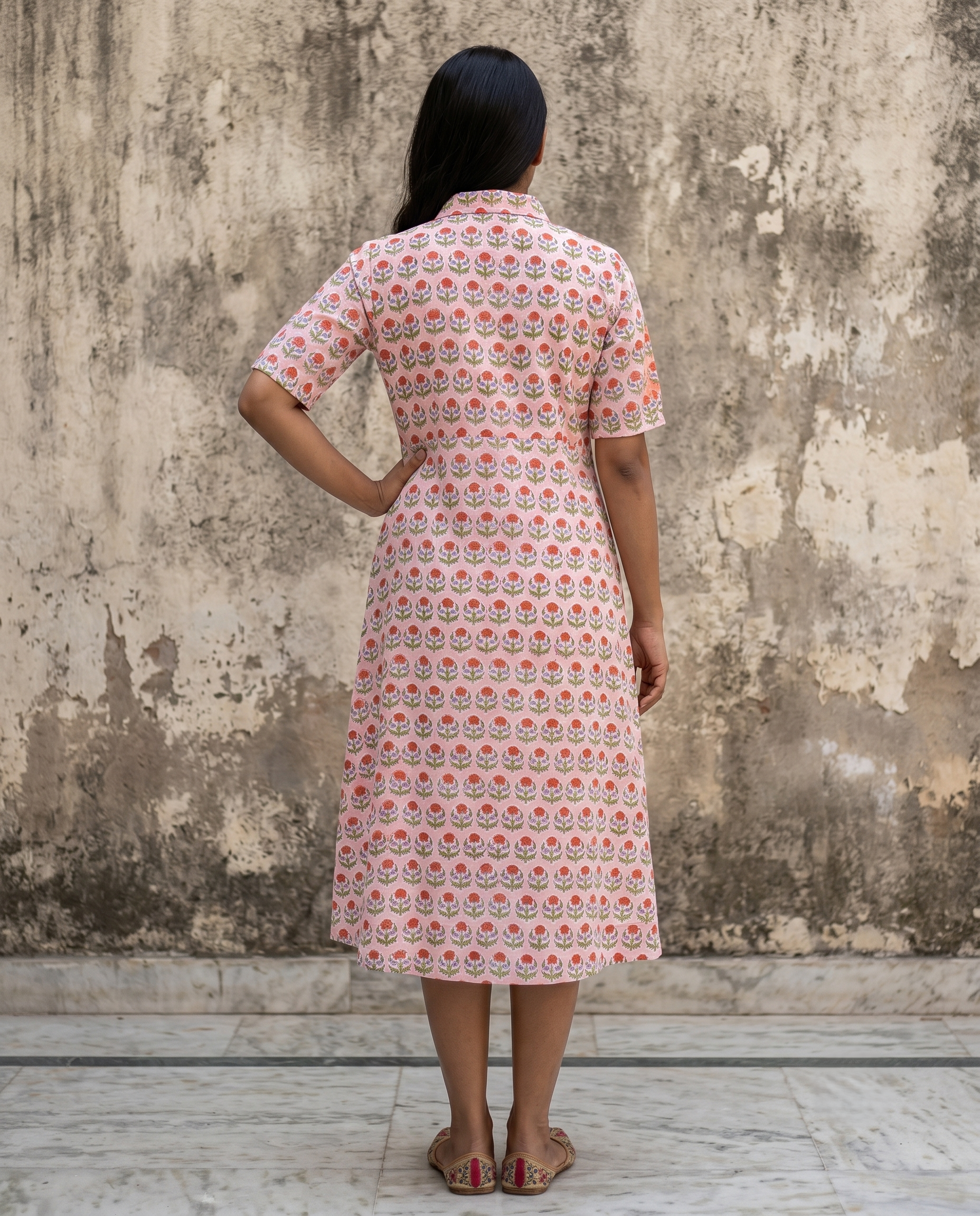 PEACH COLLAR BELT DRESS (HANDBLOCK)