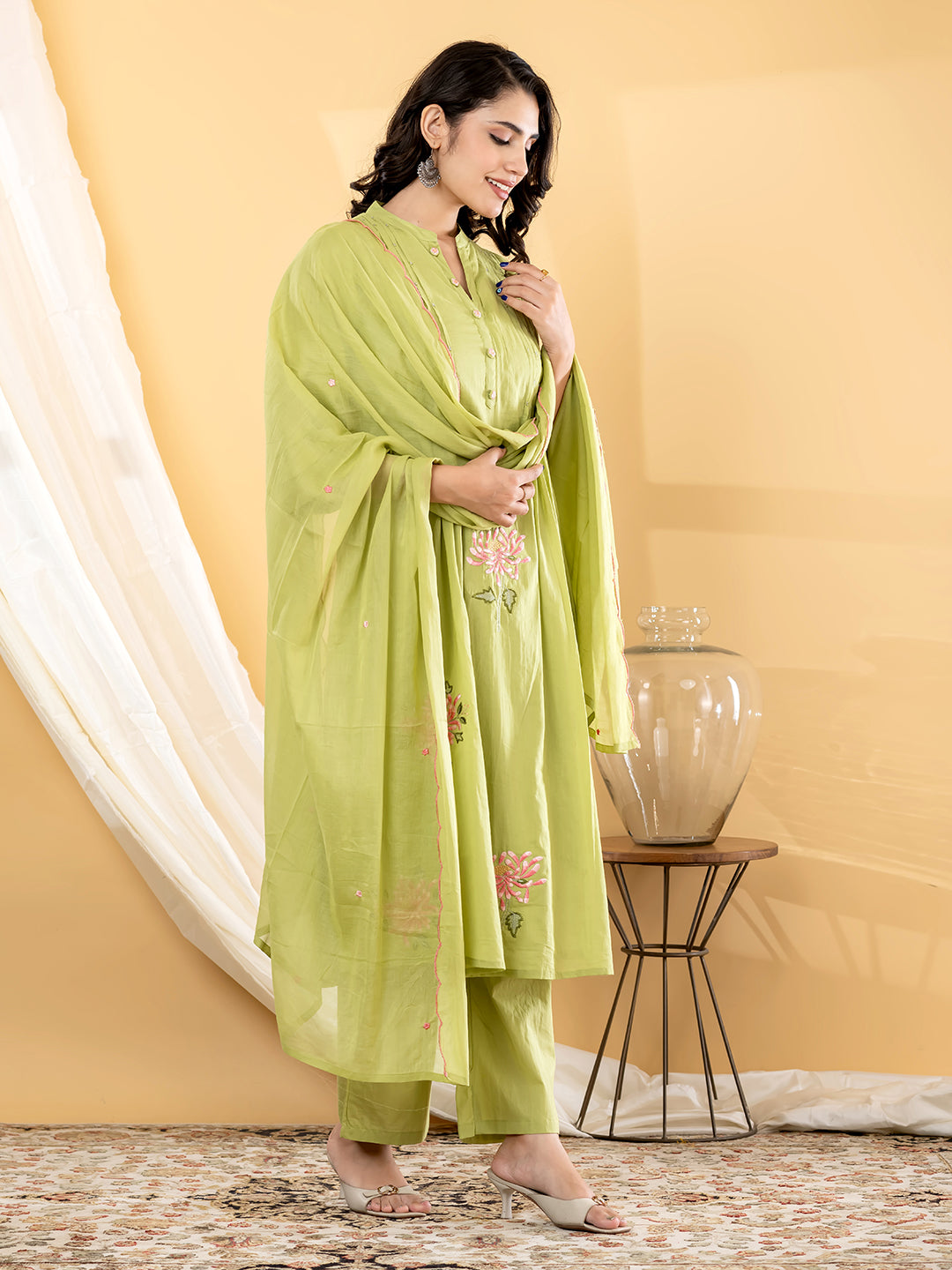Aabha Floral Embroidered 3Pc  Set – Pistachio Green