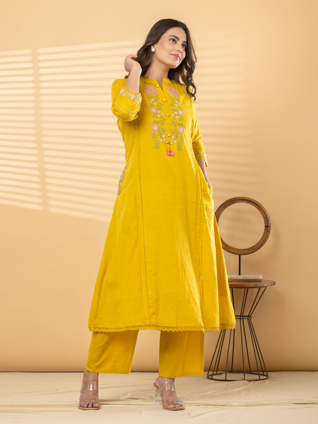 ZIVA FLORAL EMBROIDERED 3PC SET - MUSTARD YELLOW