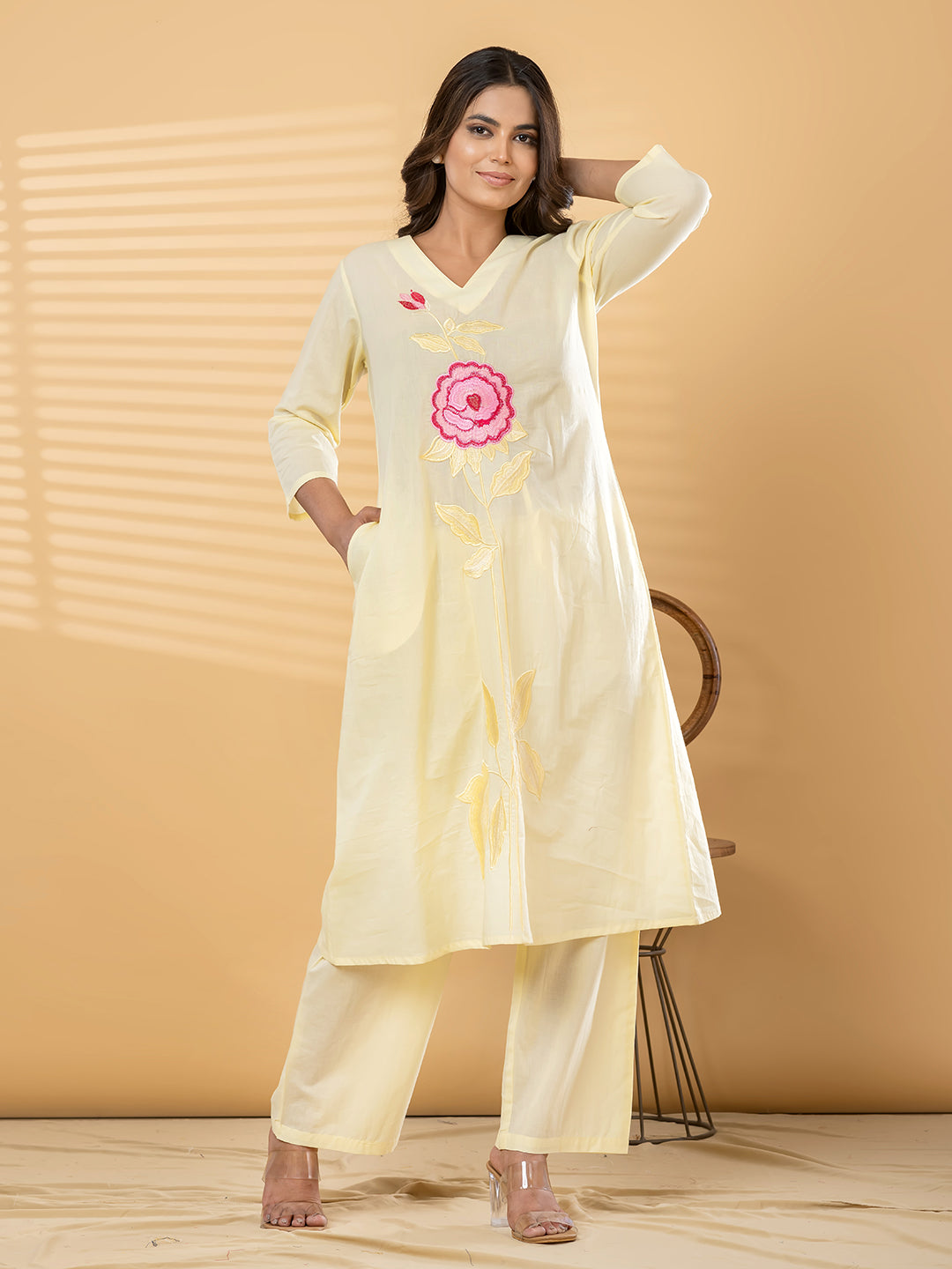 LUMIRA FLORAL EMBROIDERED 3PC SET - BUTTER YELLOW