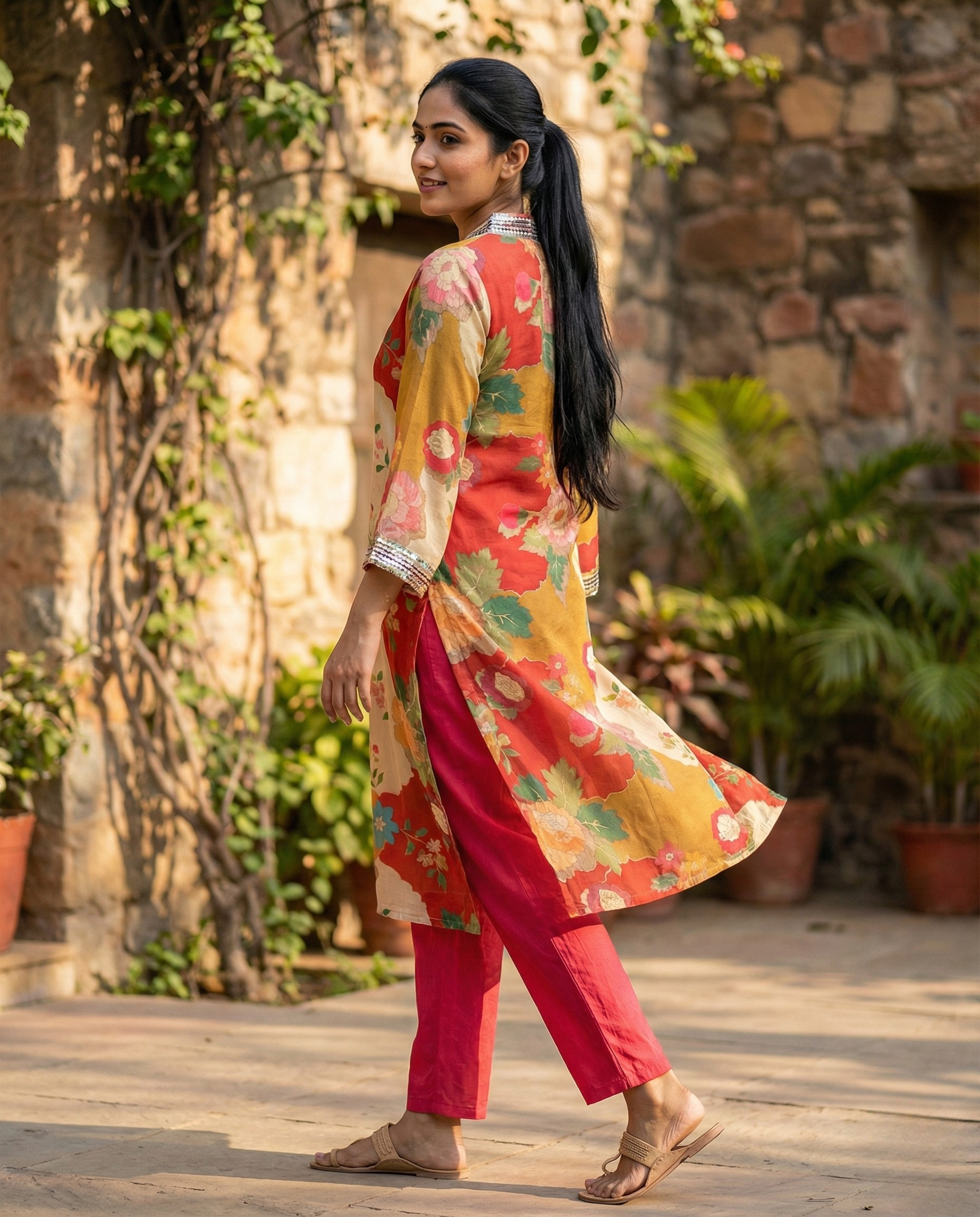 Abstract Mustard coral Floral Muslin KP set