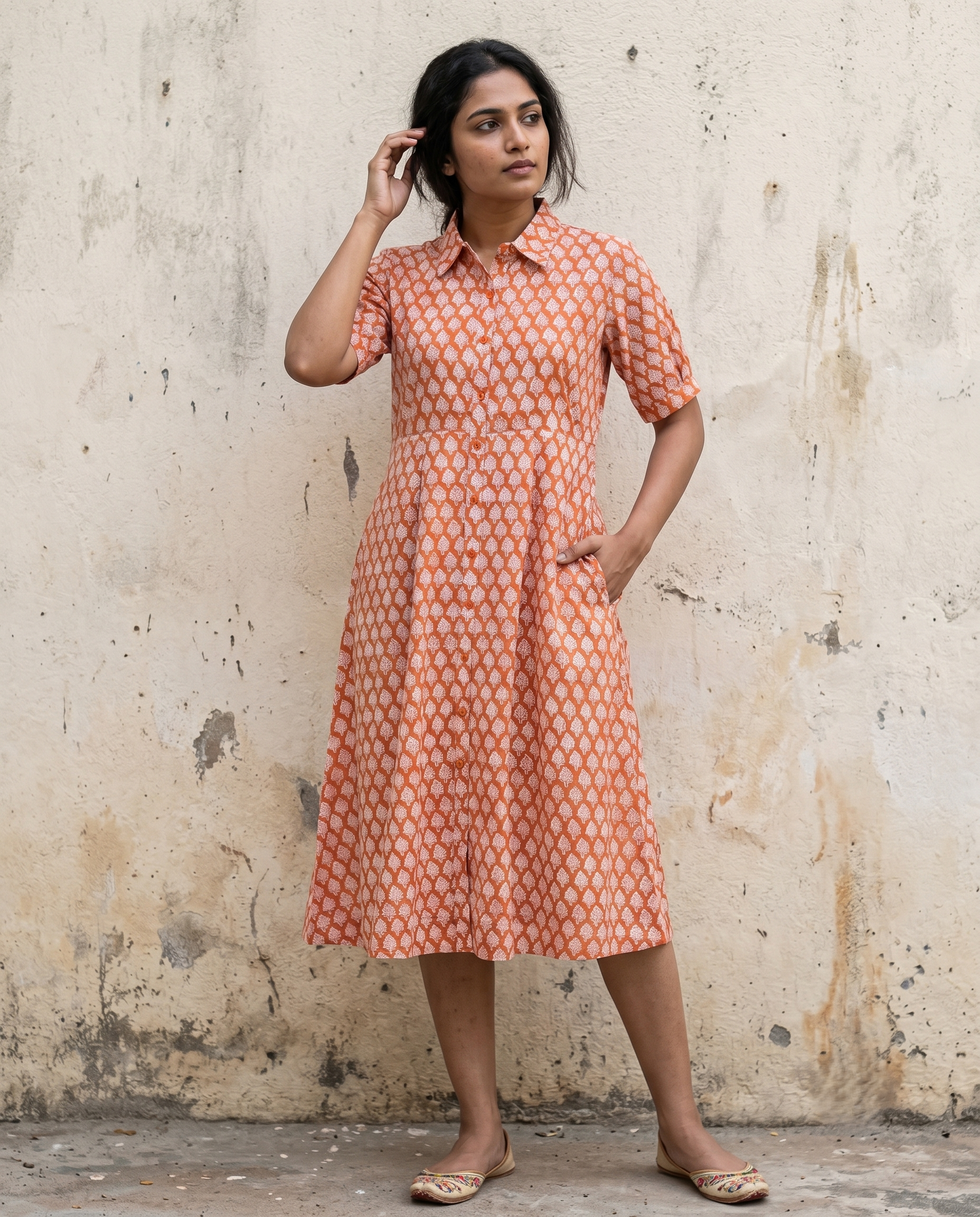 ORANGE COLLAR BELT  DRESS (HANDBLOCK)