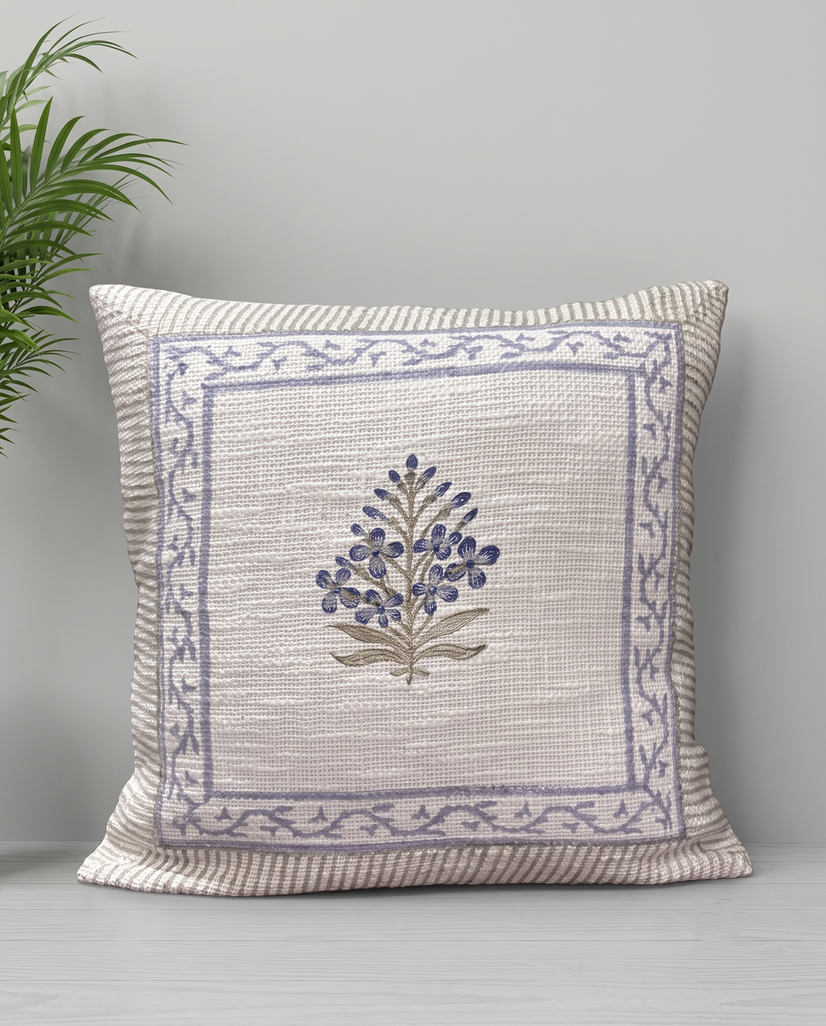 Gulabi Neel Floral Handblock Jute Cushion Cover