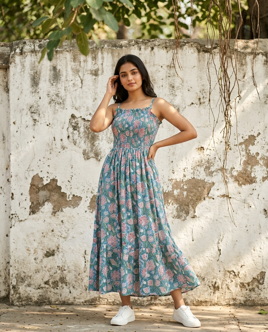FLORAL COTTON SPAGHTTI BOBBIN ELASTIC FROCK