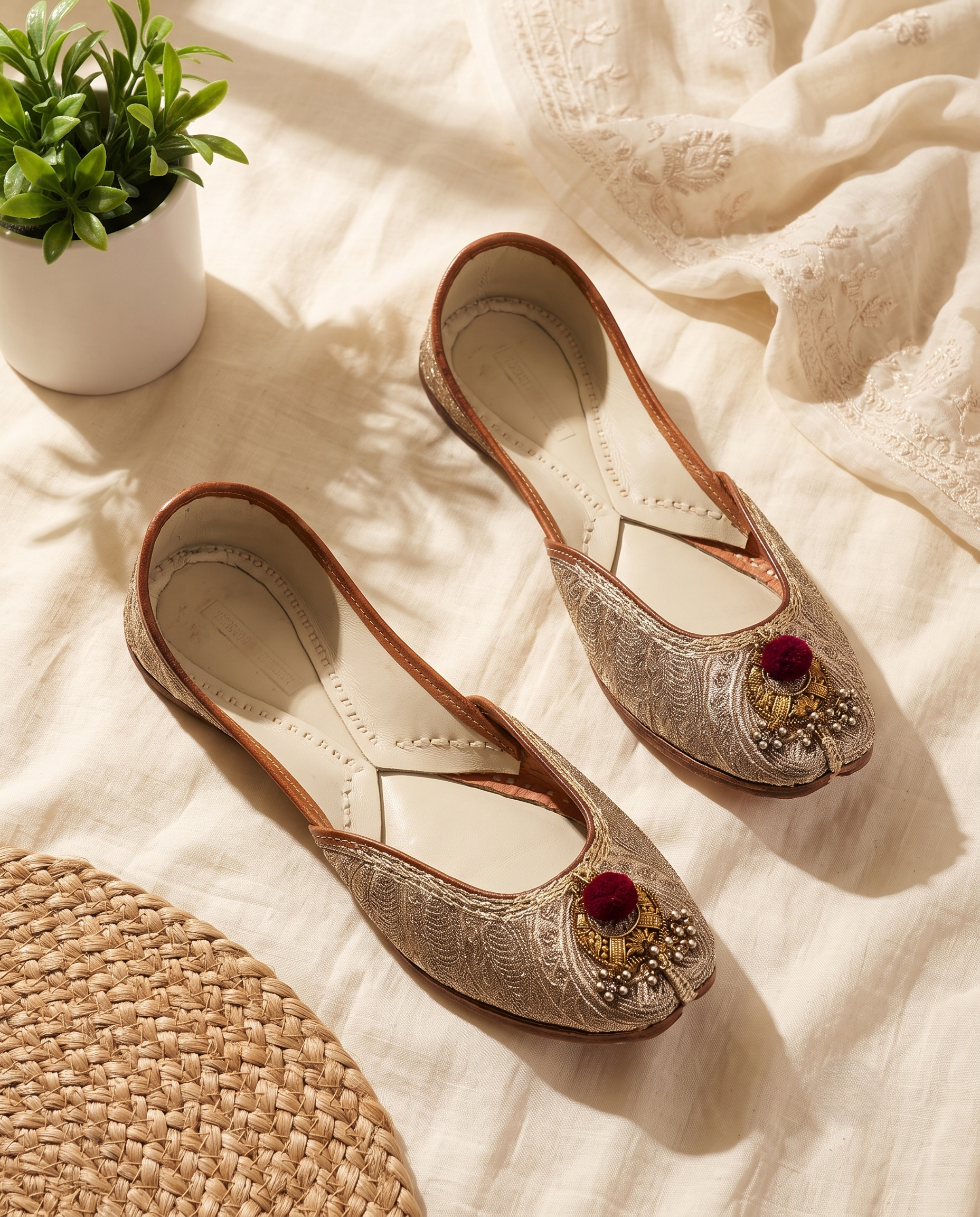Champagne Zari Pankhi Pure Leather Handcrafted Jutti
