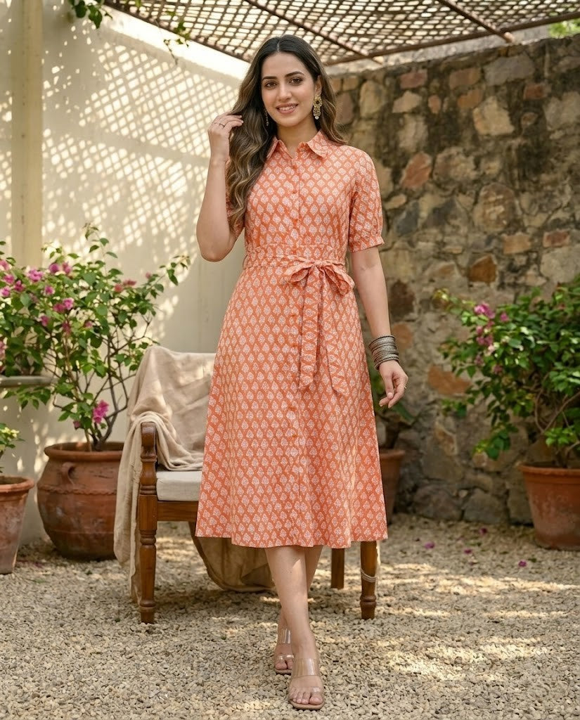 ORANGE COLLAR BELT DRESS (HANDBLOCK)