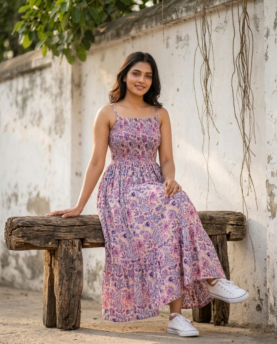 FLORAL COTTON SPAGHTTI BOBBIN ELASTIC FROCK