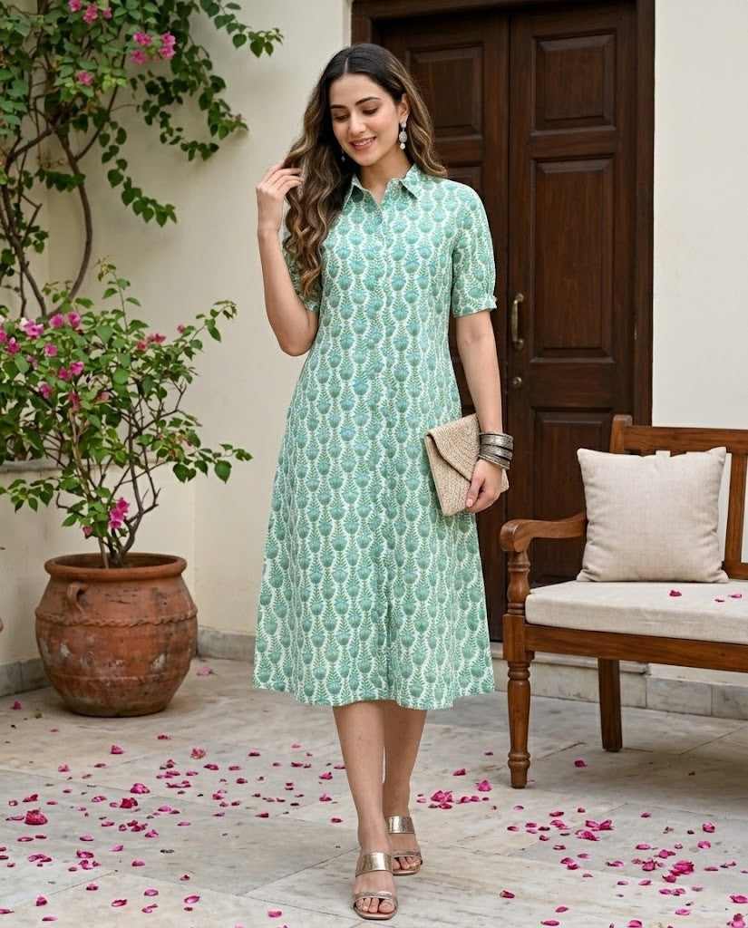GREEN COLLAR BELT DRESS (HANDBLOCK)