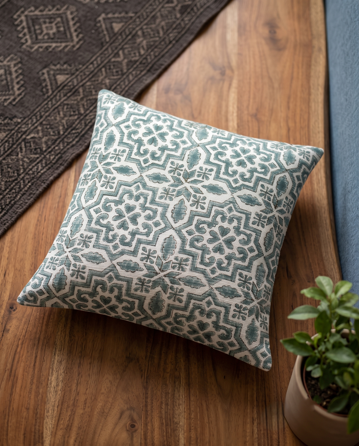 Firdaus Azure Trellis Handblock Jute Cushion Cover