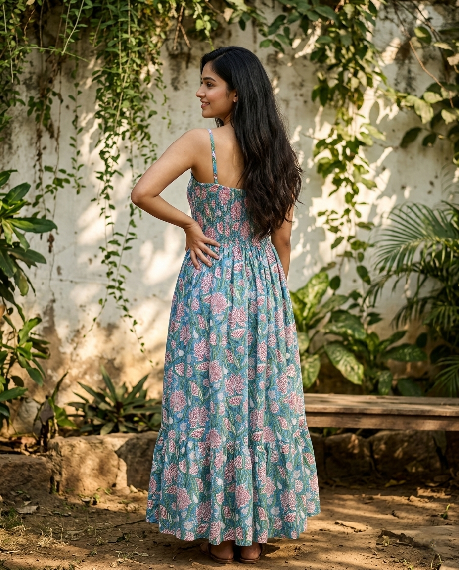 FLORAL COTTON SPAGHTTI BOBBIN ELASTIC FROCK