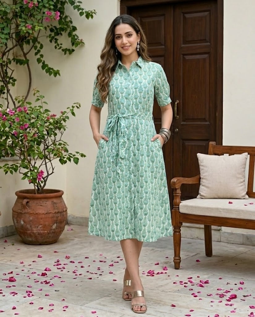 GREEN COLLAR BELT DRESS (HANDBLOCK)