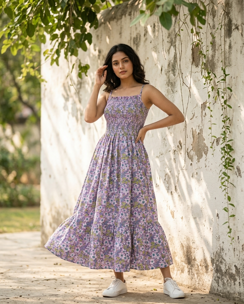 FLORAL COTTON SPAGHTTI BOBBIN ELASTIC FROCK