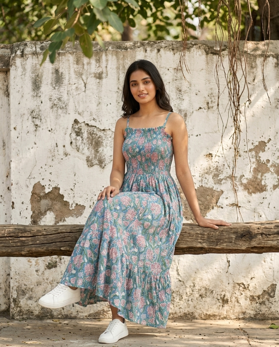 FLORAL COTTON SPAGHTTI BOBBIN ELASTIC FROCK