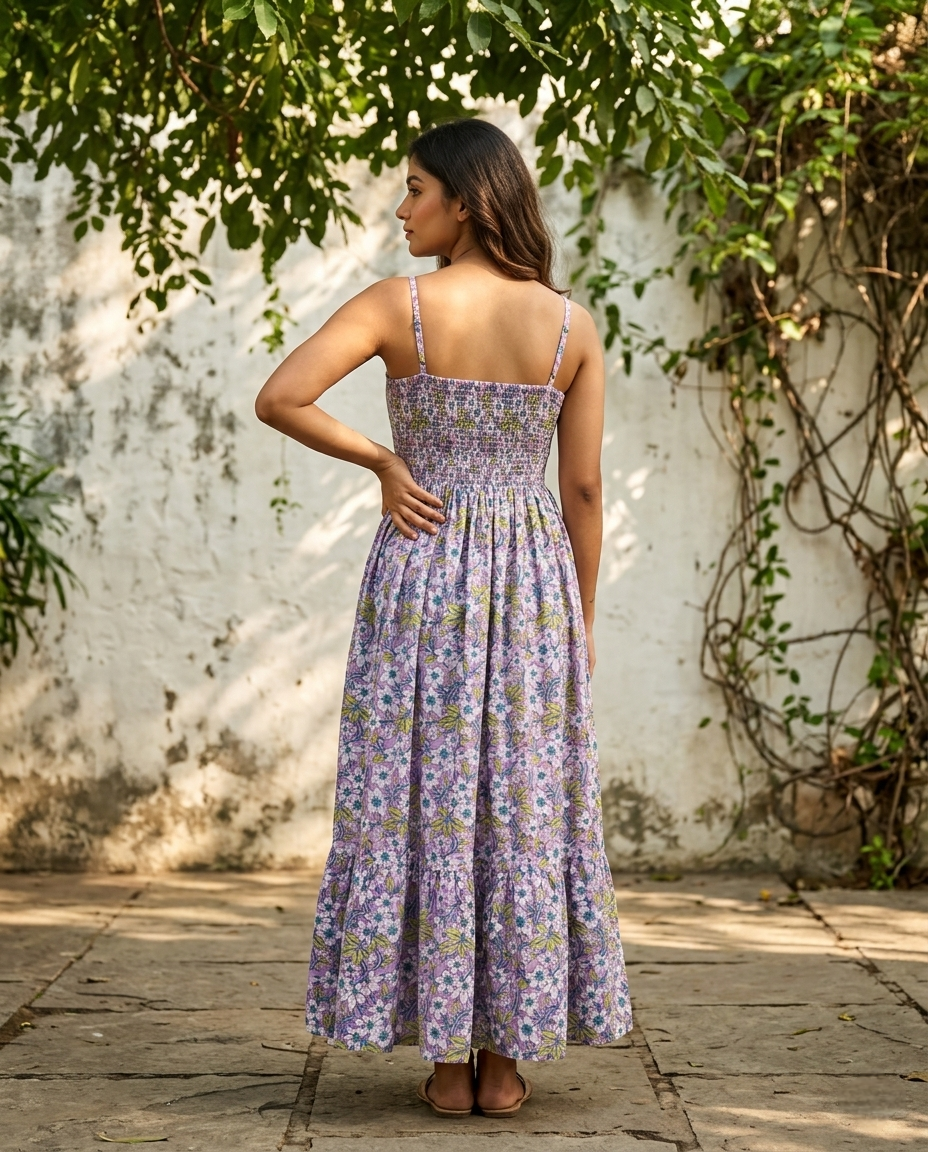 FLORAL COTTON SPAGHTTI BOBBIN ELASTIC FROCK