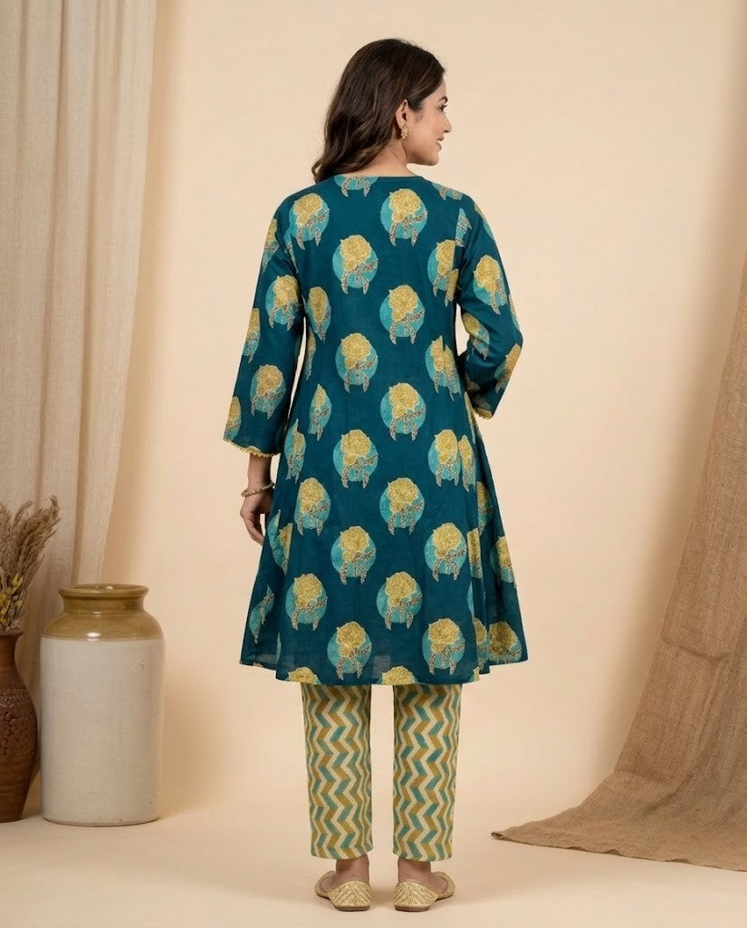 TEAL BLUE FLORAL PREMIUM COTTON PRINTED KURTA PANT SET