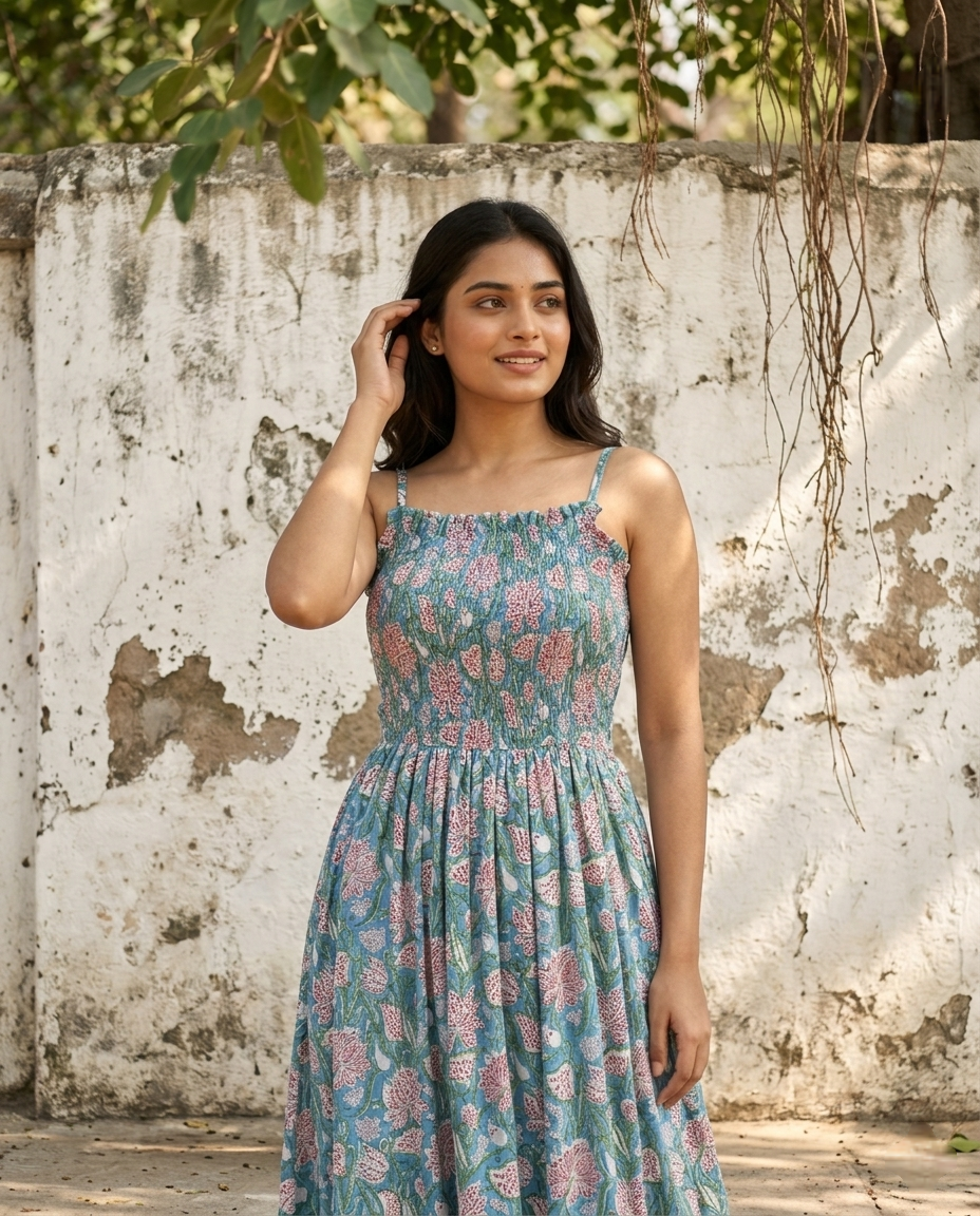 FLORAL COTTON SPAGHTTI BOBBIN ELASTIC FROCK