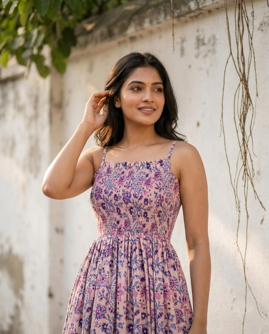 FLORAL COTTON SPAGHTTI BOBBIN ELASTIC FROCK