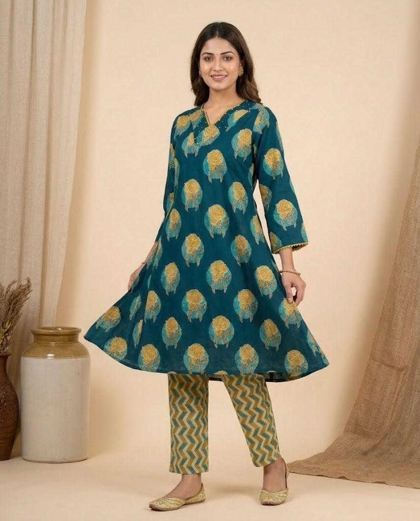 TEAL BLUE FLORAL PREMIUM COTTON PRINTED KURTA PANT SET